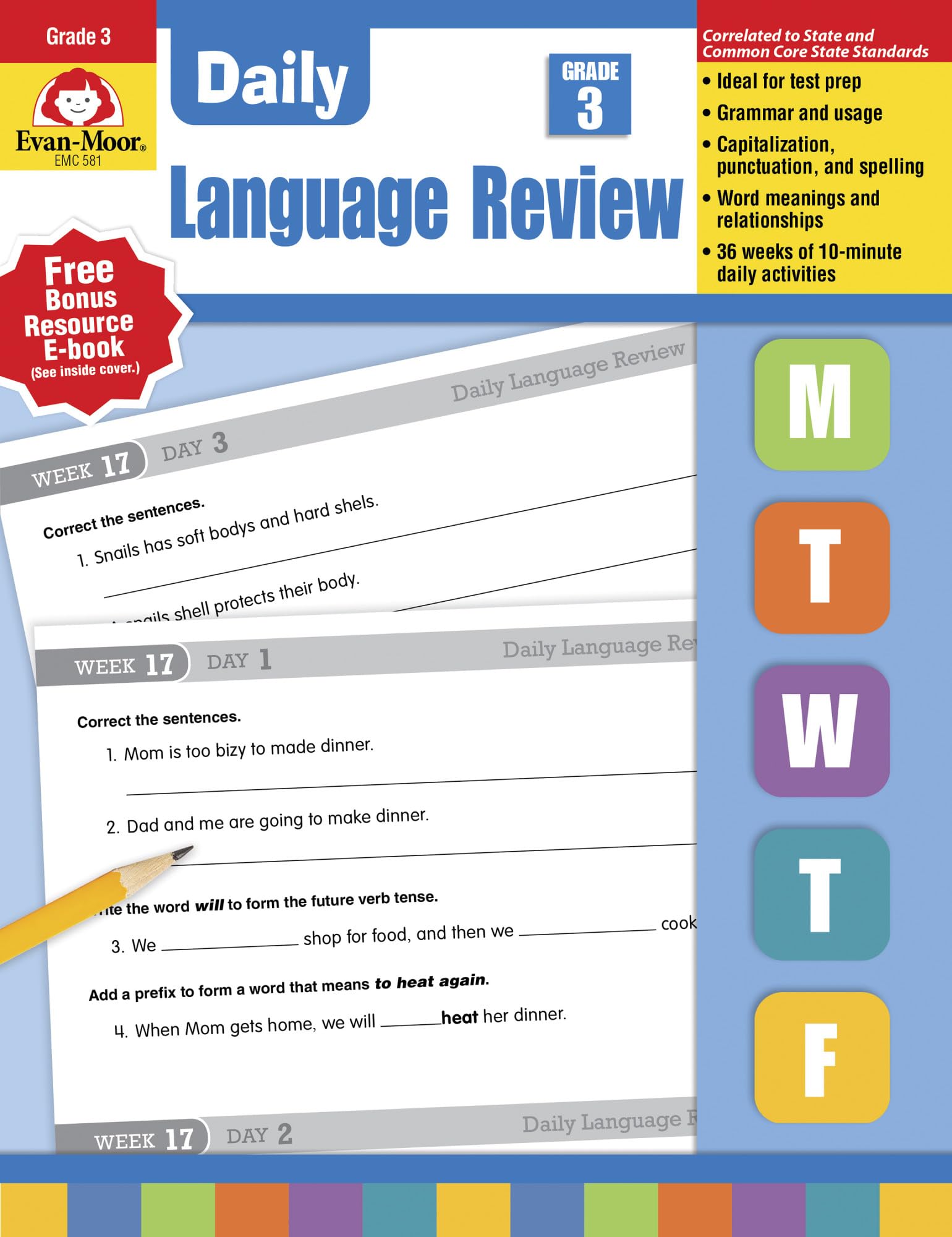 Evan-Moor Daily Language Review, Grade 3 Actvities Homeschooling & Classroom Resource Workbook, Reproducible Worksheets, Teacher Edition, Daily Practice, Skills Assessment, Grammar, Punctuation - 8667